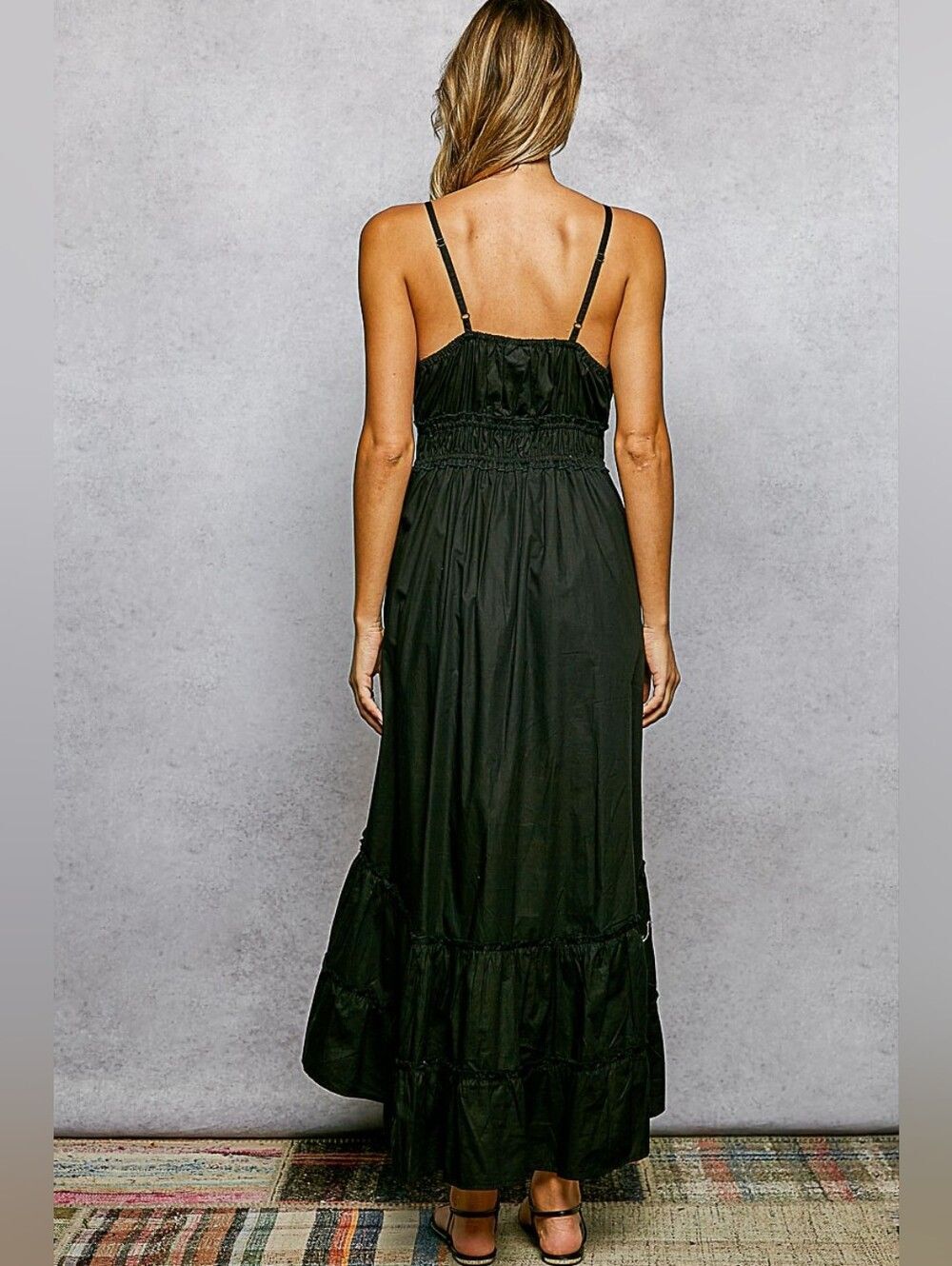 POL Embroidered Detail Tassel Tie Smocked Waist Midi Tiered Slip Dress - Black - Picture 2 of 5